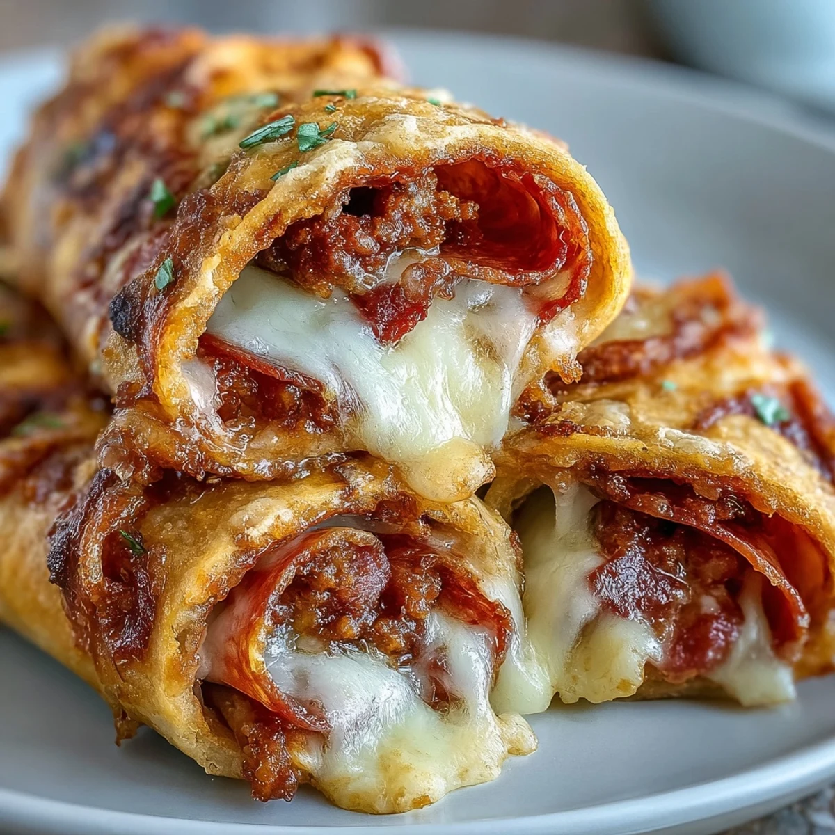 Freshly baked Irresistible High Protein Pepperoni Pizza Rolls emerge golden and bubbly from the oven on a parchment-lined tray. 