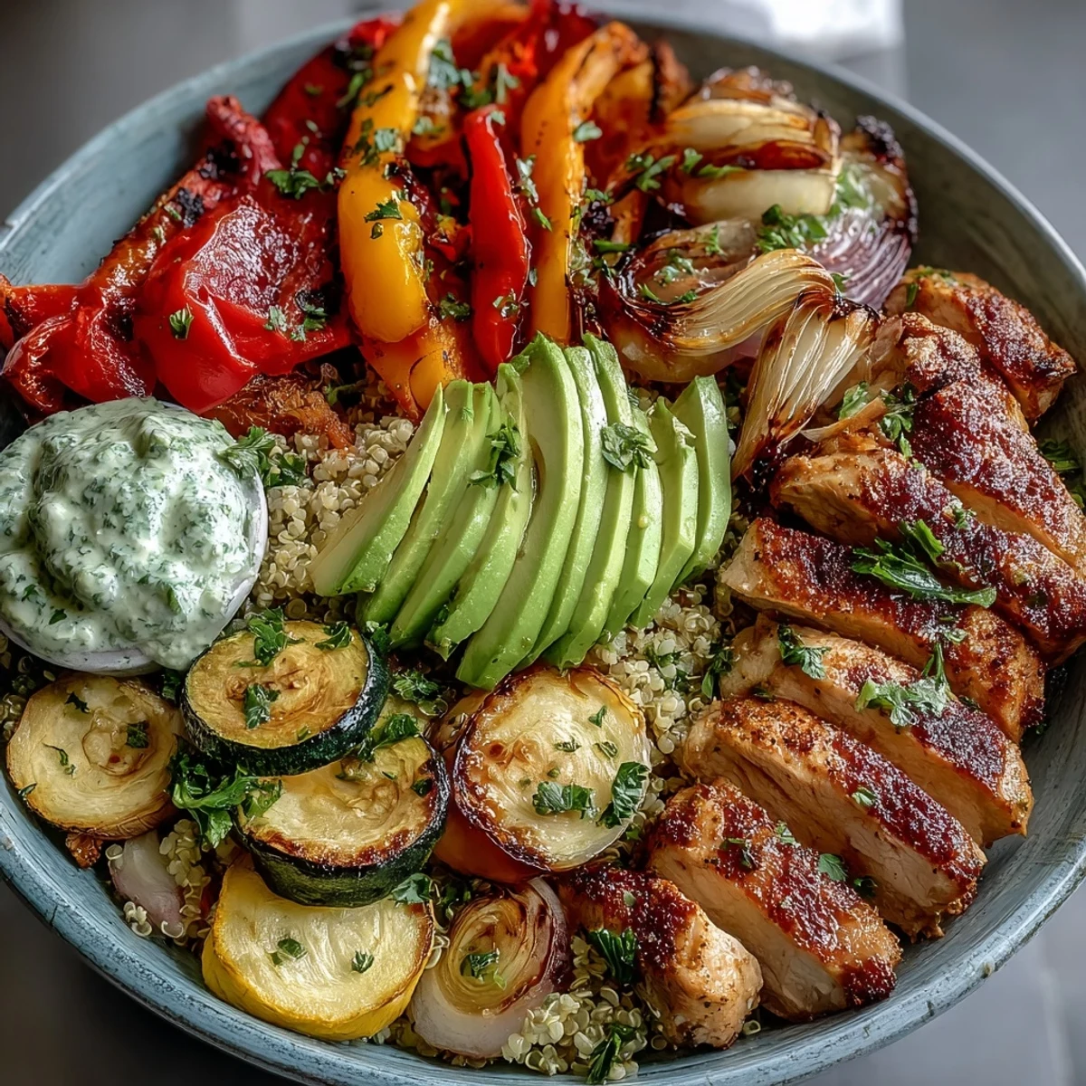 Family-style Paprika Roasted Vegetable Quinoa Bowl on a wooden table, topped with fresh parsley and ready to enjoy.