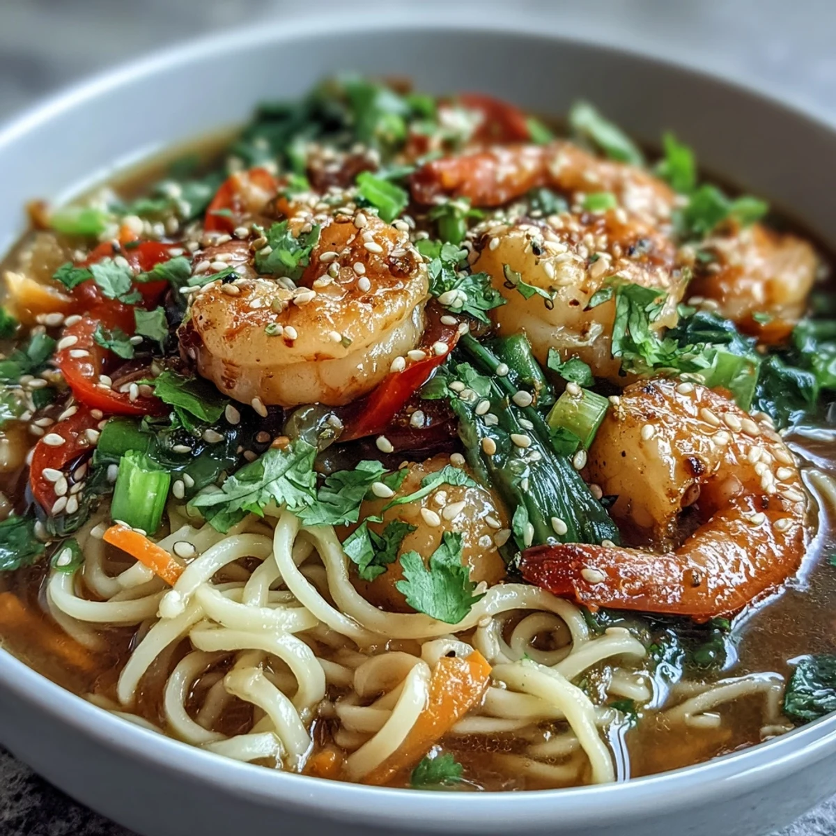 Steamed shrimp and seared scallops rest atop rice noodles in a savory Asian noodle bowl with crisp vegetables and lime.