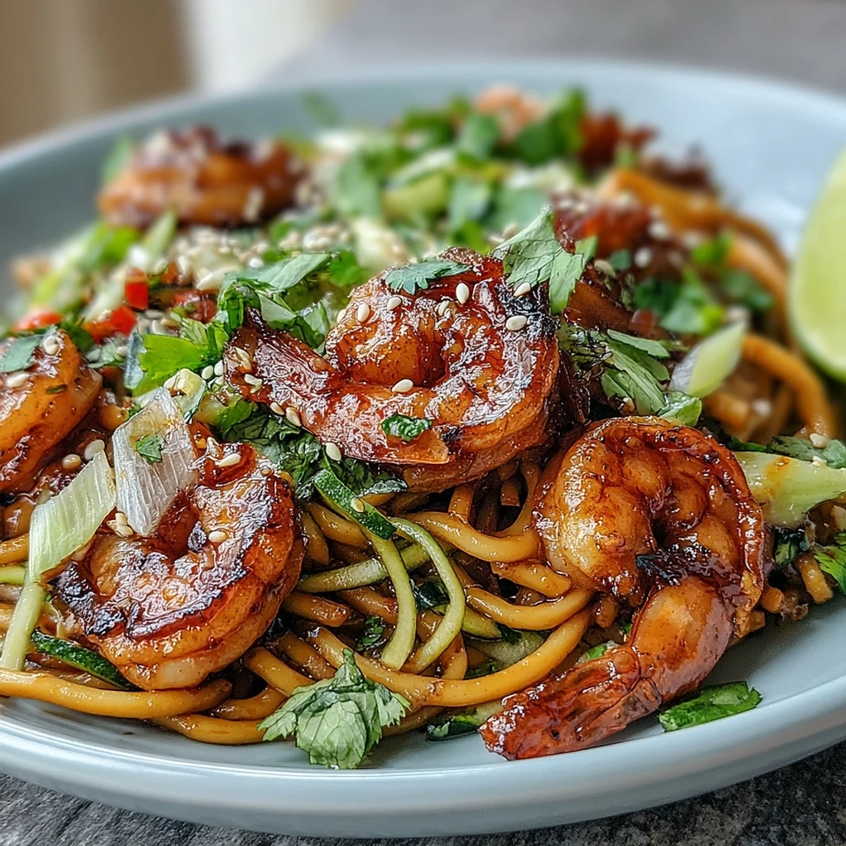 Overhead view of a 15-Minute Asian Noodle Bowl With Grilled Shrimp, topped with fresh veggies and a lime wedge.