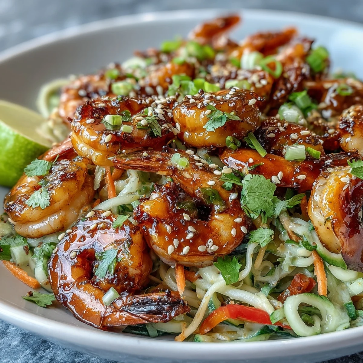 Close-up on a 15-Minute Asian Noodle Bowl With Grilled Shrimp, showcasing pink grilled shrimp on top of noodles.
