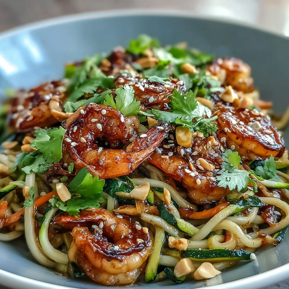 A close-up of a vibrant Asian Noodle Bowl with sautéed shrimp, julienned zucchini and carrots, tossed in a glistening sauce.