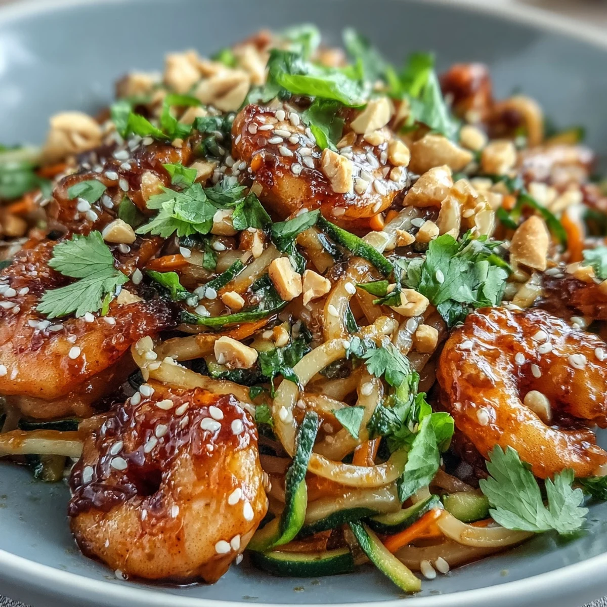Colorful rice noodles and tender shrimp create a delicious, dairy-free main course ready for a quick weeknight meal.
