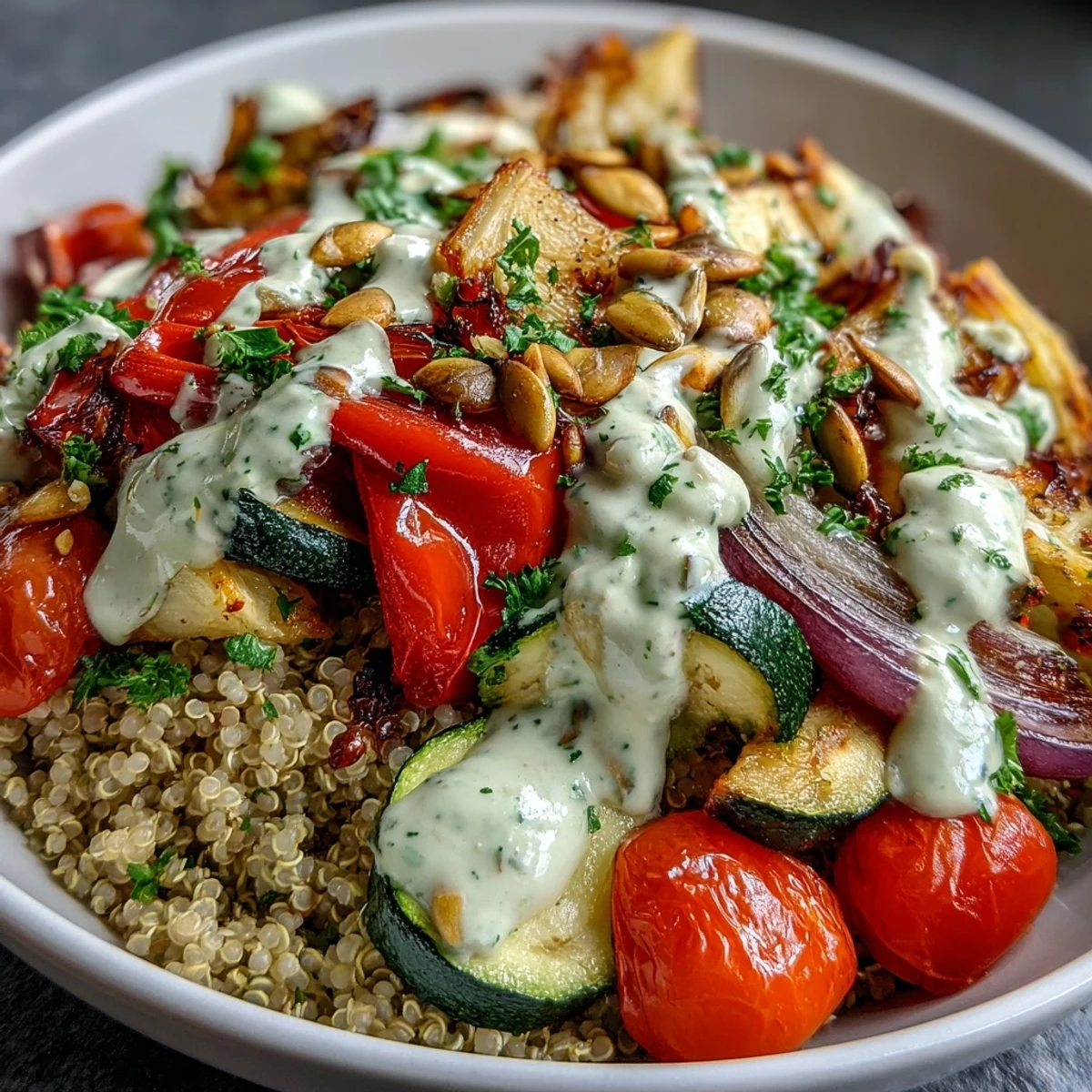 A hearty Roasted Vegetable Quinoa Bowl drizzled with creamy tahini sauce and topped with toasted pumpkin seeds for a nourishing meal.