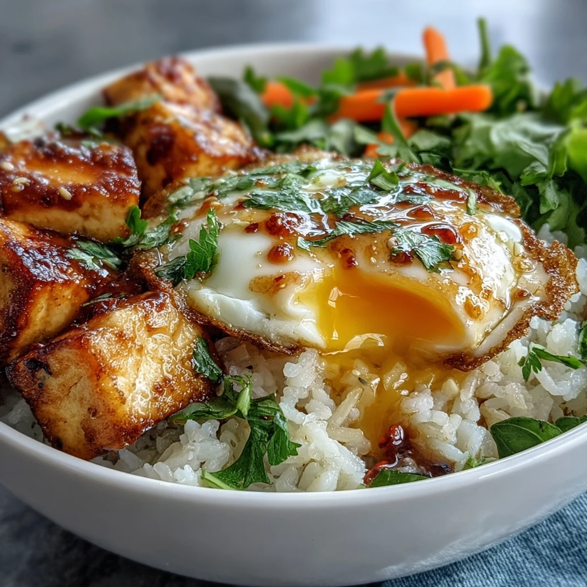 A close-up of a Tofu Jammy Egg Breakfast Bowl with golden tofu, halved jammy eggs, and fresh greens on warm rice.