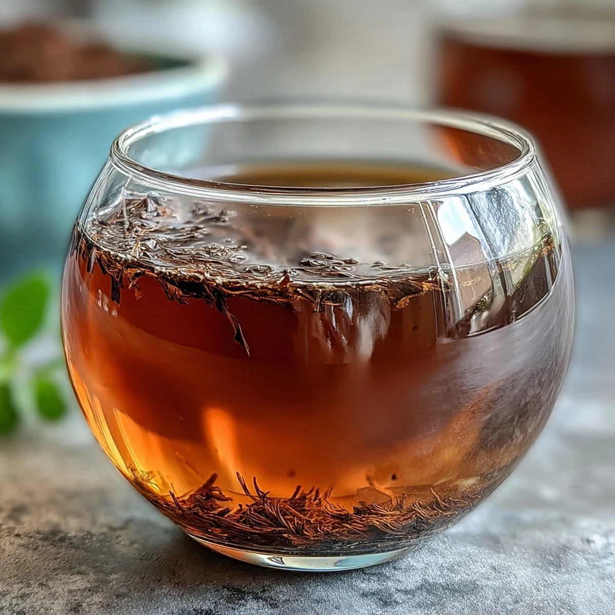 Steaming Hojicha Americano in a clear mug beside roasted loose leaf tea leaves. 