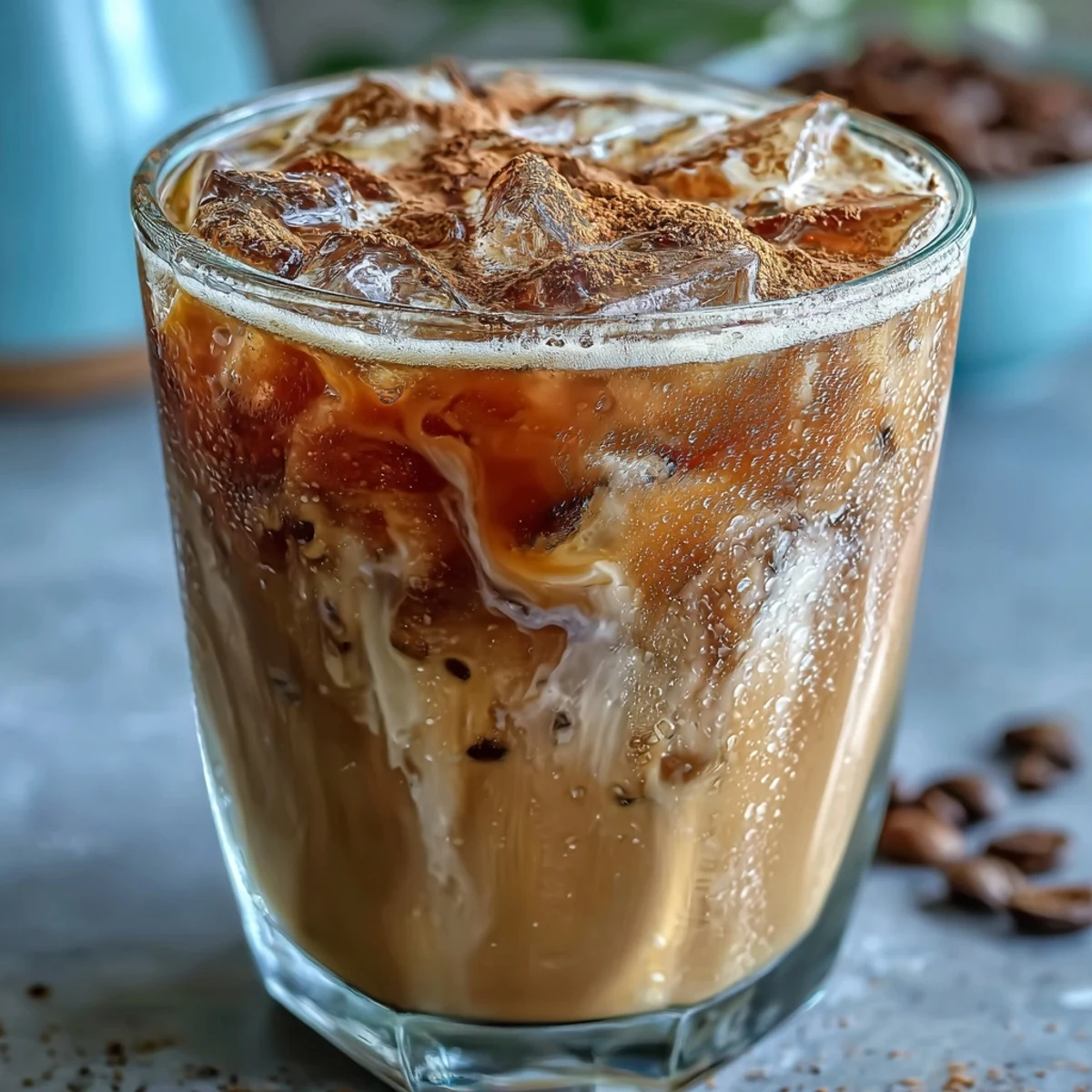 Iced Hojicha with Cinnamon is served over ice cubes in a glass, garnished with a sprinkle of ground cinnamon. 