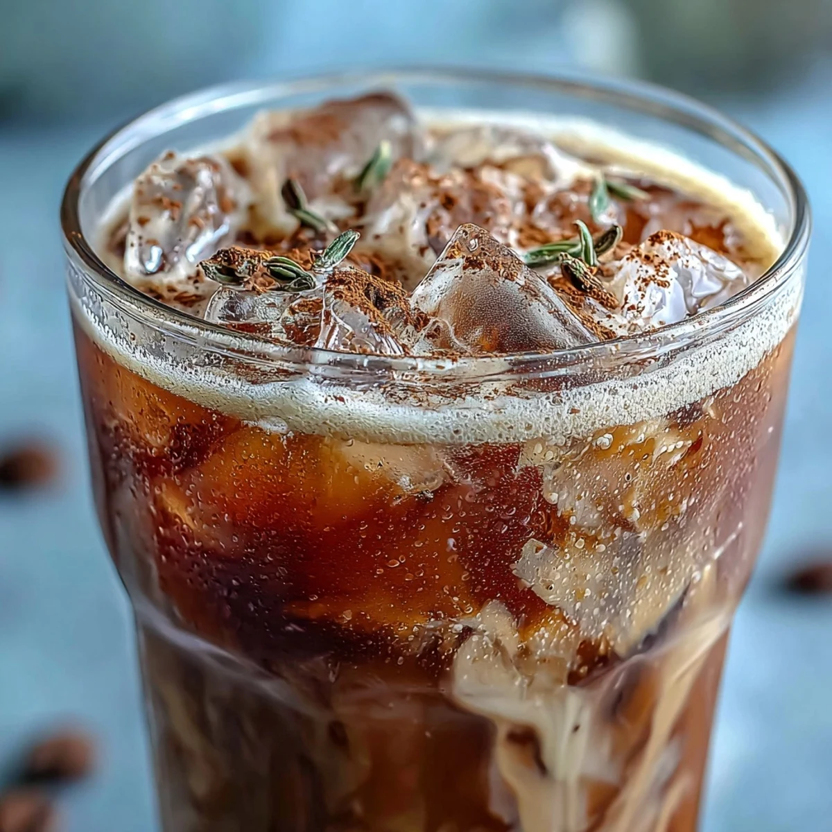 Homemade Iced Hojicha with Cinnamon topped with cinnamon powder, ready to enjoy alongside a sweet mochi dessert.