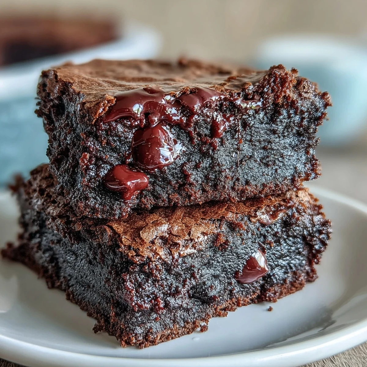 A hand holding a single square of Greek Yogurt Brownies, revealing a moist, rich interior with visible almond flour and a melted dark chocolate chip.