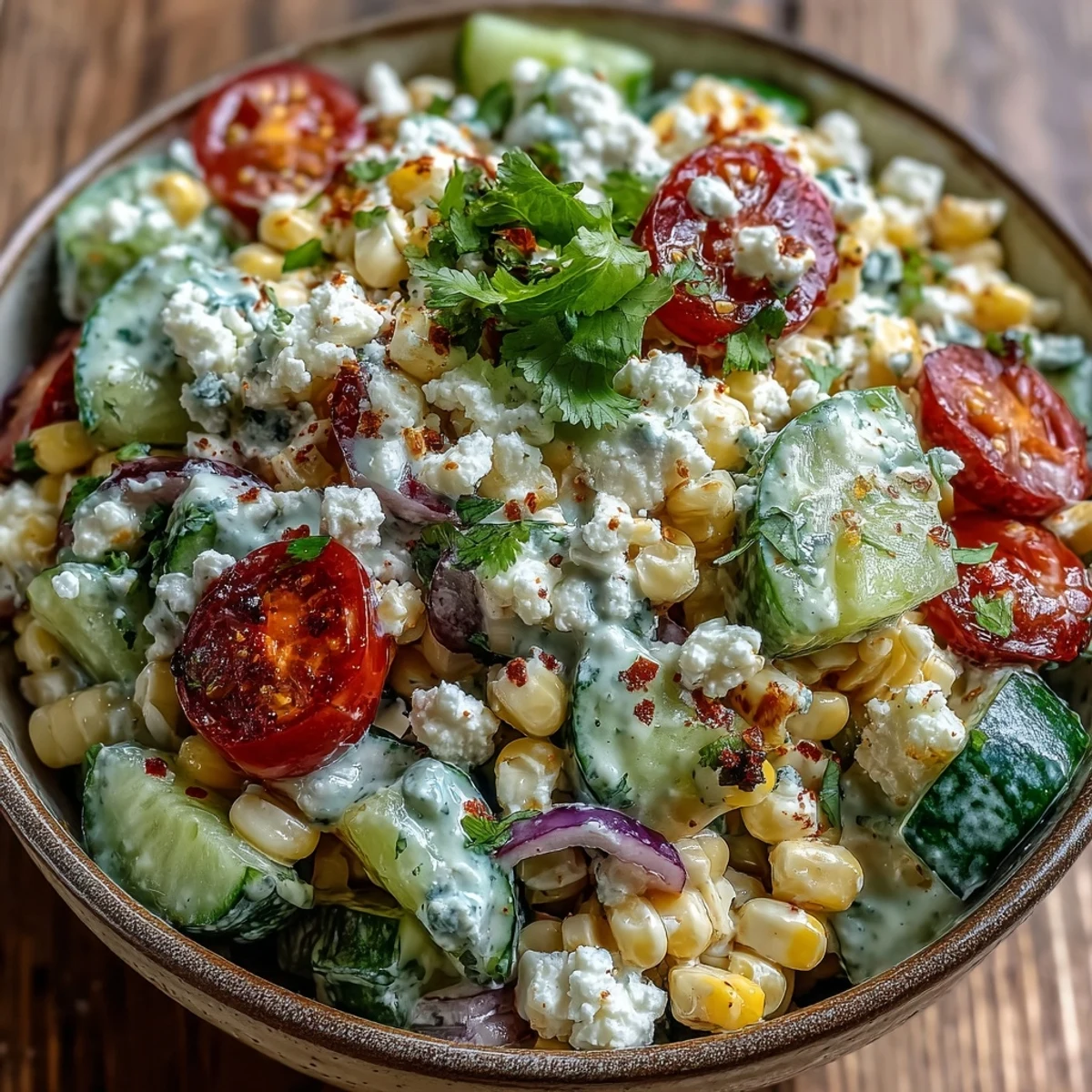 A creamy dressing coats sweet corn kernels, diced cucumbers, and halved cherry tomatoes in Street Corn Creamy Cucumber Salad.