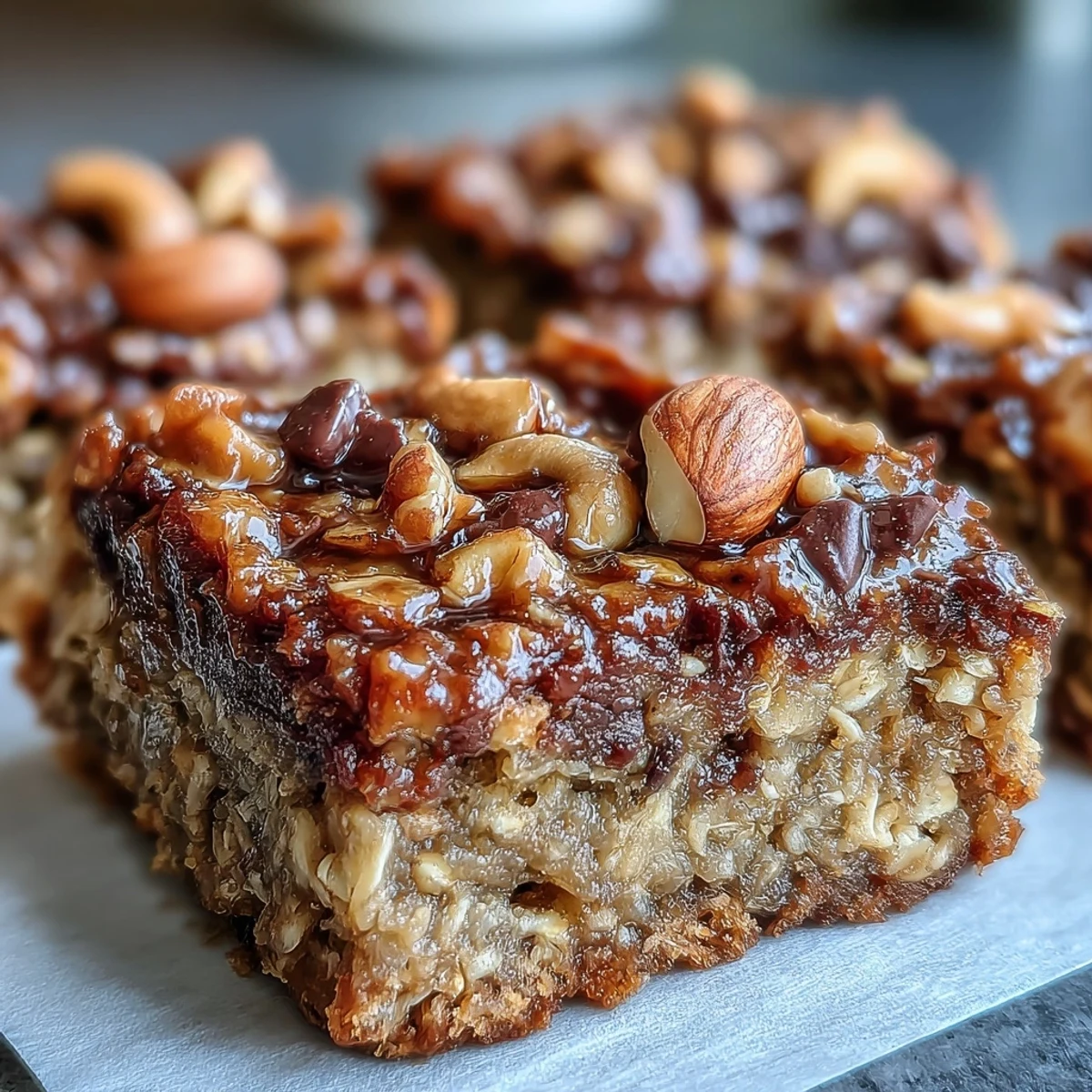 Golden brown baked oatmeal bars studded with chocolate chips sit on a cooling rack next to fresh banana slices.