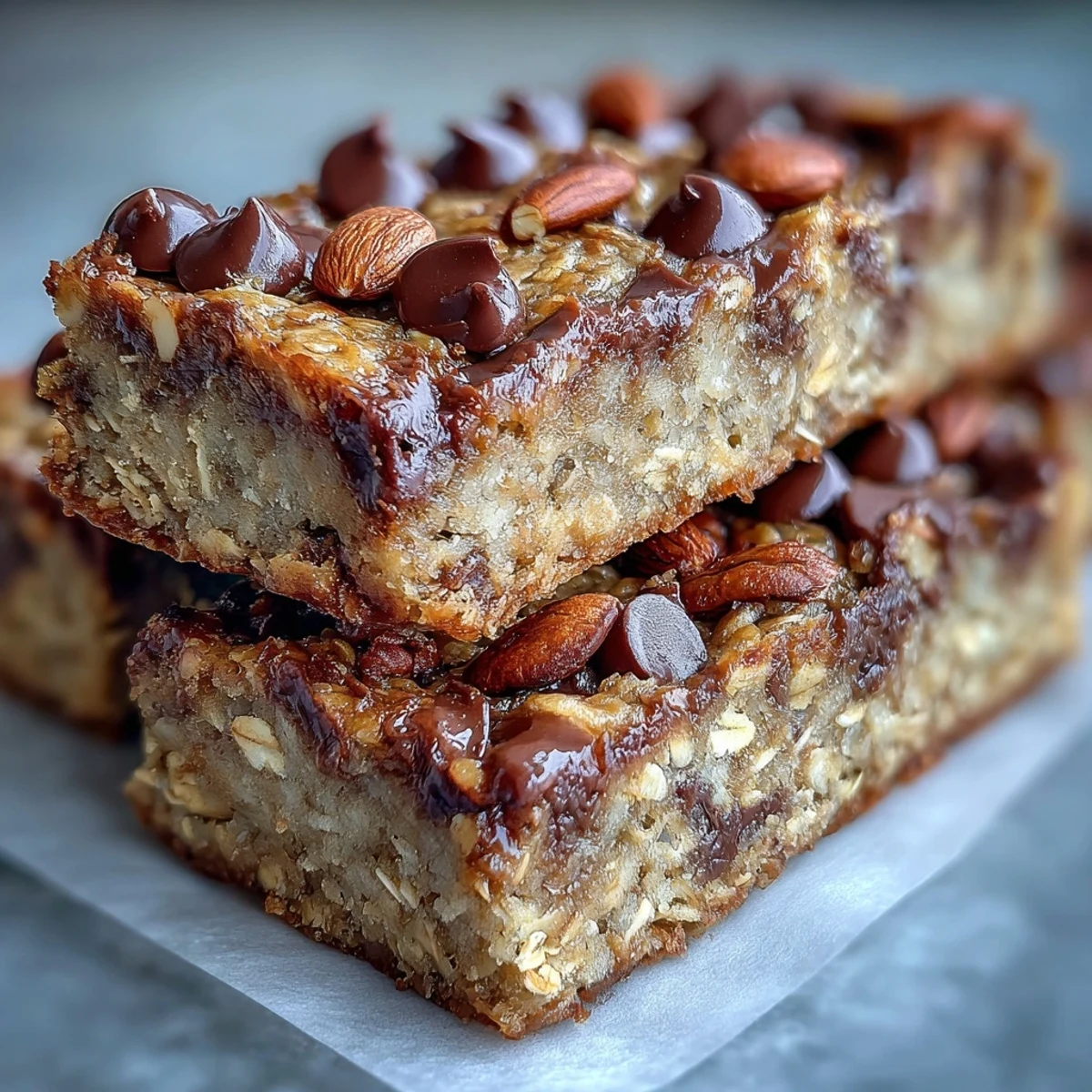 Thick, chewy Baked Oatmeal Bars with melted chocolate chips and a drizzle of maple syrup on a white plate.