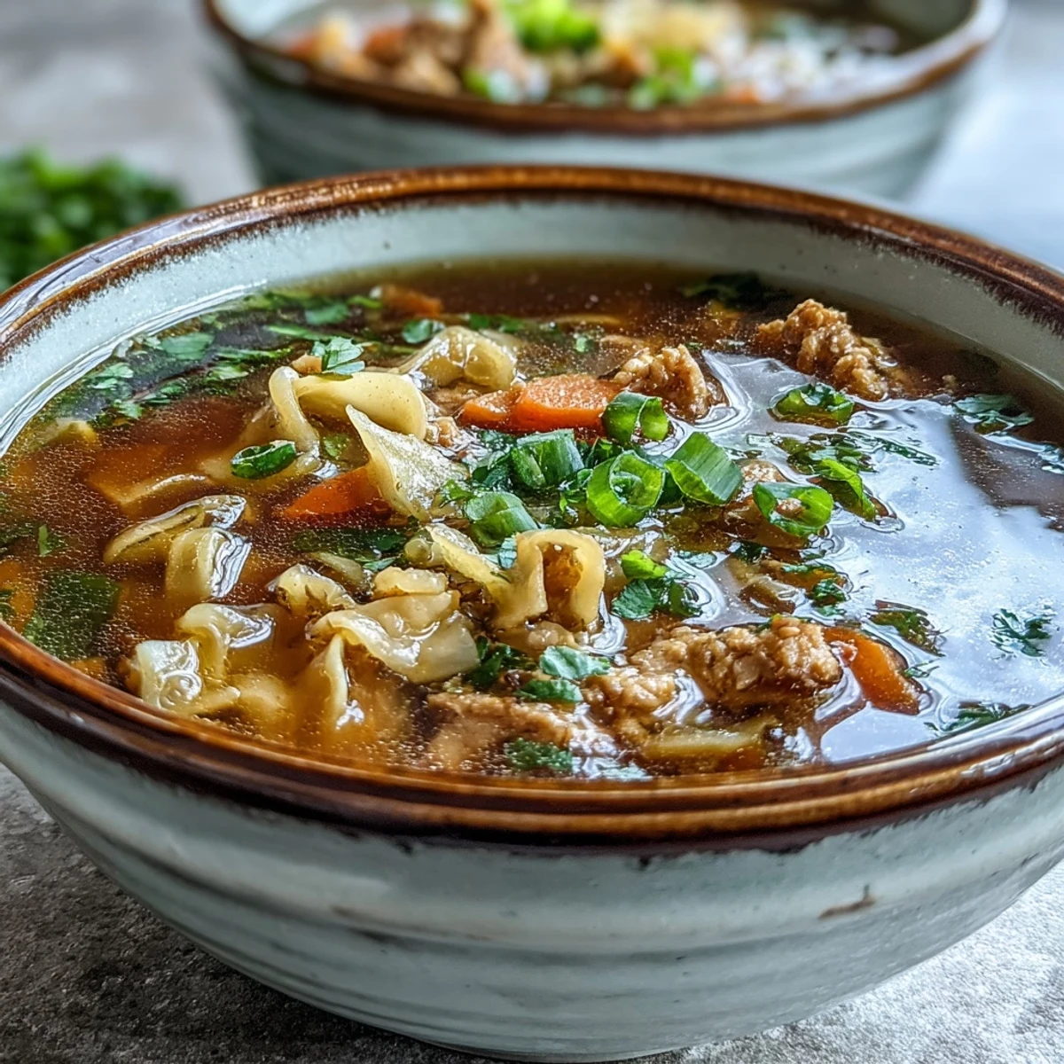 A ladle serving Cozy One-Pot Egg Roll Soup with tender pork, ginger, and silky egg ribbons over steamed white rice.
