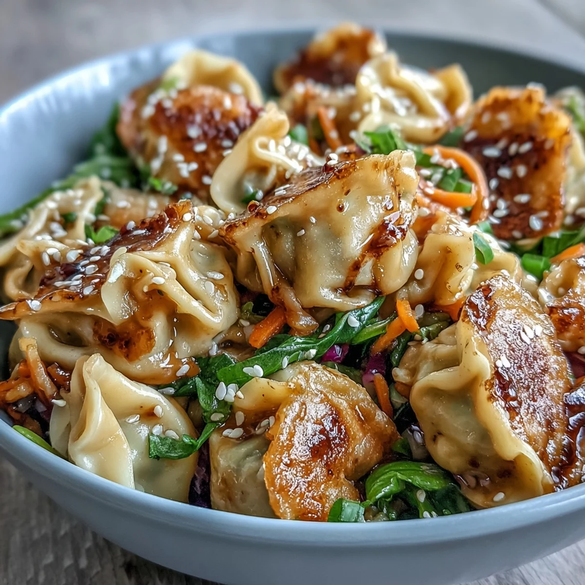 Hot Potsticker Noodle Bowls with stir-fried veggies and lo mein noodles on a plate.