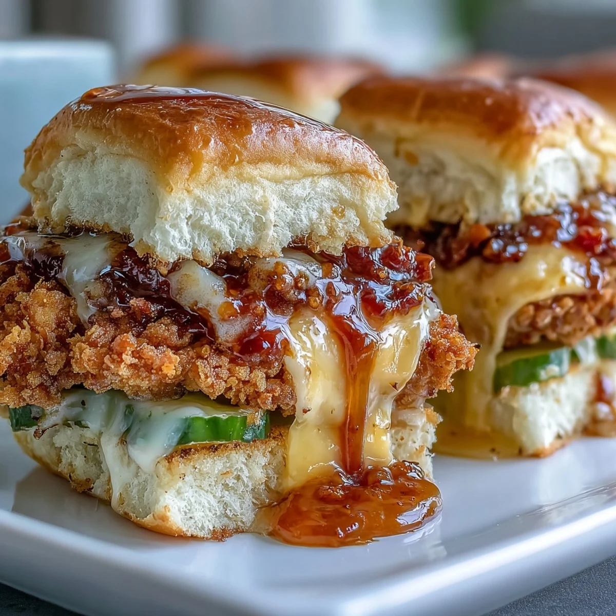 Golden-brown baked chicken tenders coated in spicy honey butter sit inside slider buns with melted cheese and pickles.