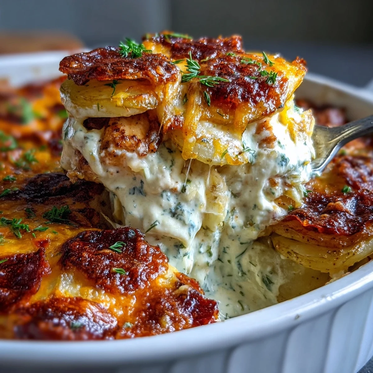 Thick-cut potatoes and chicken chunks soak up the ranch cream sauce in this golden-brown casserole, perfect for a cozy family dinner.