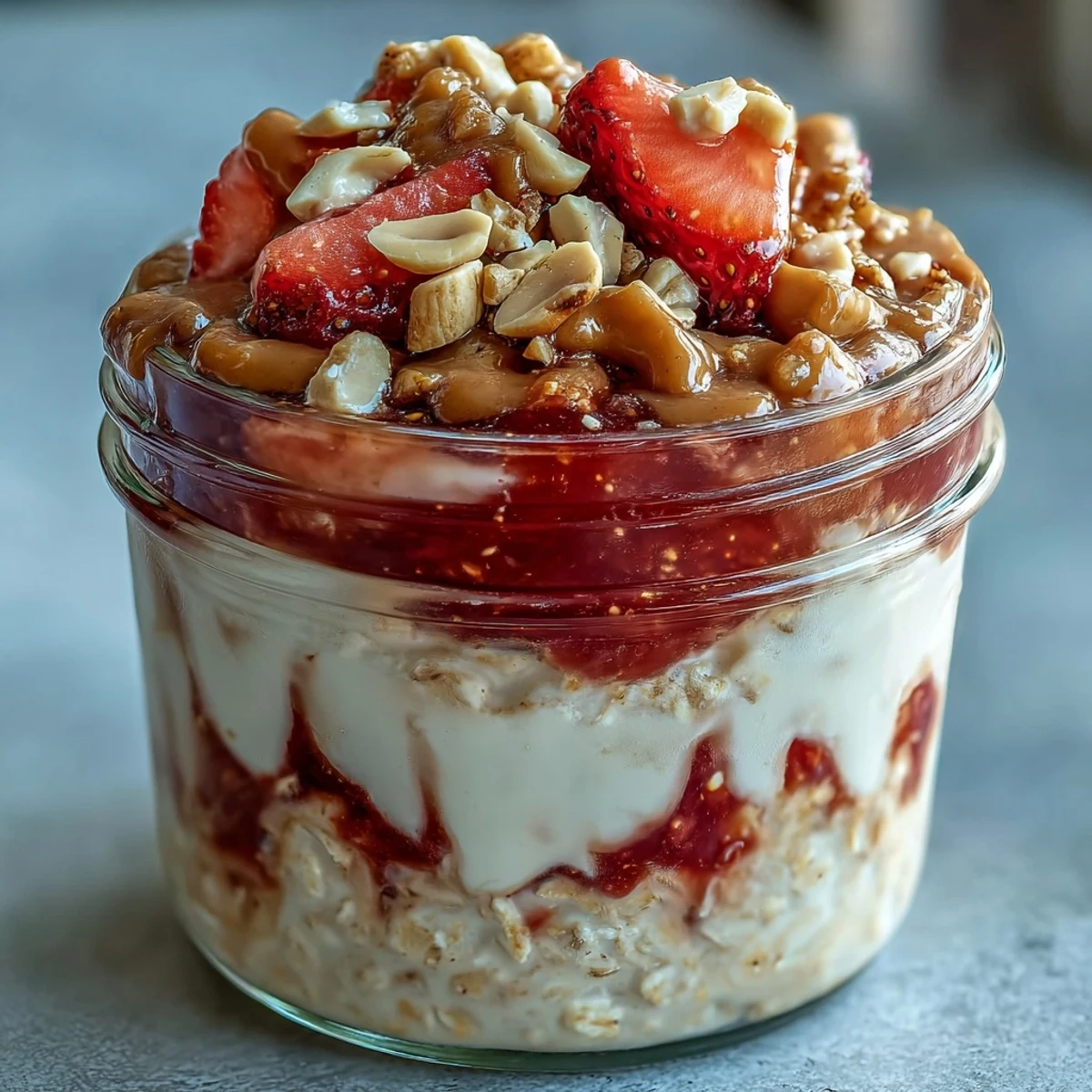 This creamy jar of High-Protein Peanut Butter & Jelly Overnight Oats is topped with crushed peanuts and vibrant jam swirls.