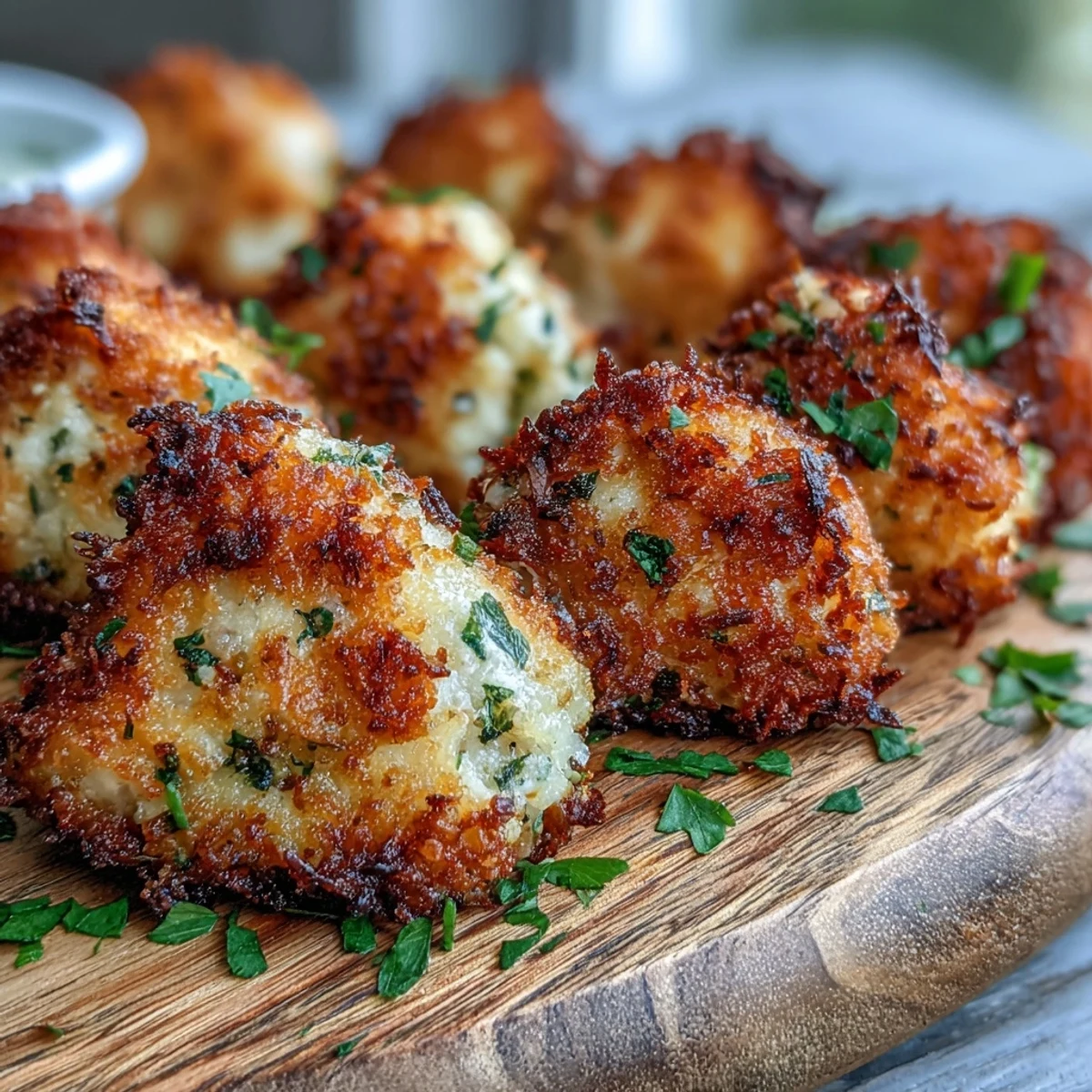 Freshly baked Asiago Panko Chicken Bites garnished with parsley, ready to enjoy as a game-day snack.