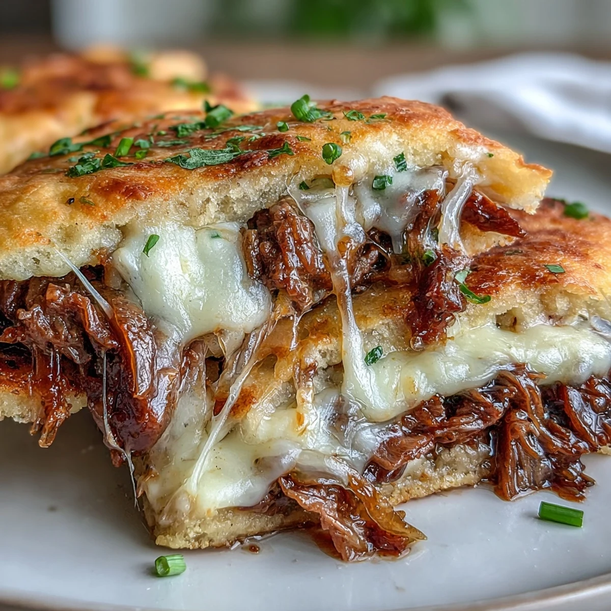 Savory Slow Cooker Beef & Garlic Naan Melt on a plate, tender shredded beef and melted provolone bubbling on warm bread with a side of rich jus.