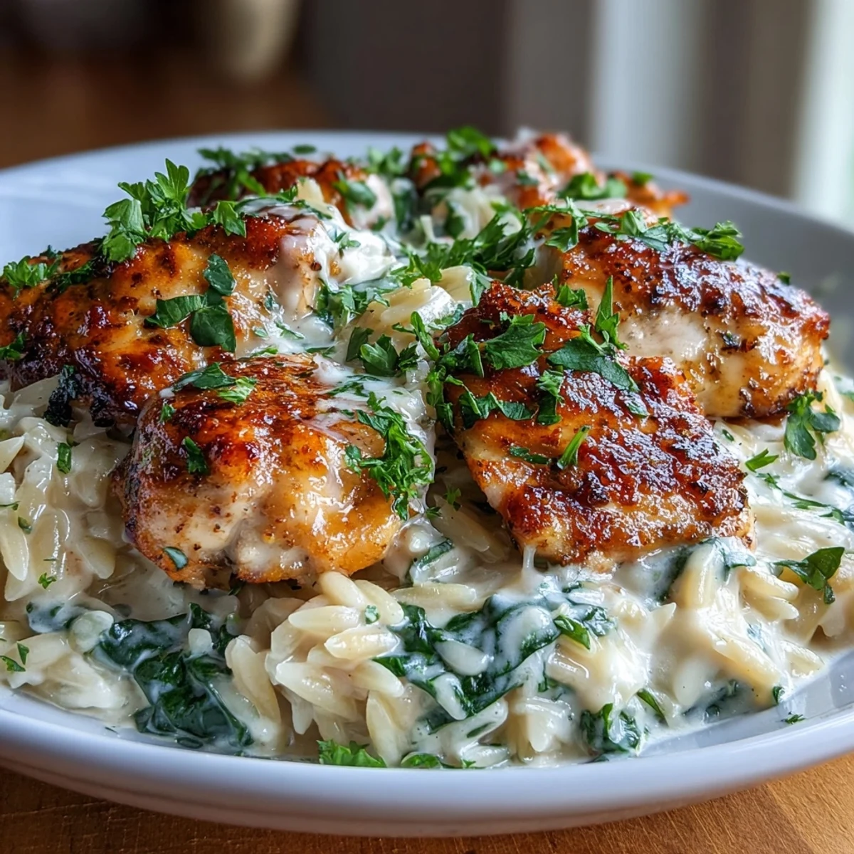 Golden seared chicken and creamy orzo in a skillet, garnished with fresh parsley and spinach for One-Pot Creamy Garlic Parmesan Chicken Orzo.