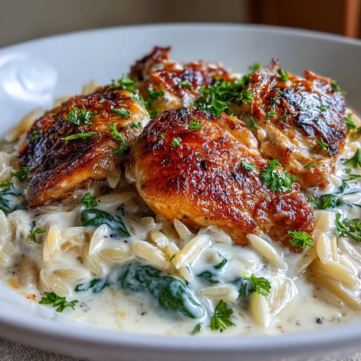 TikTok-inspired One-Pot Creamy Garlic Parmesan Chicken Orzo topped with parsley, featuring tender orzo and juicy chicken pieces.