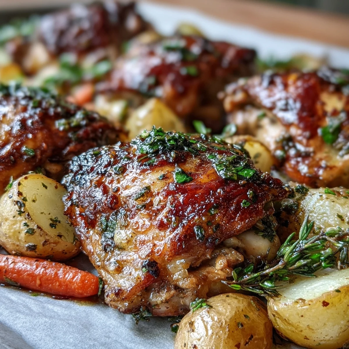 Roasted potatoes and carrots mingle with juicy ranch-seasoned chicken thighs baked on one pan.