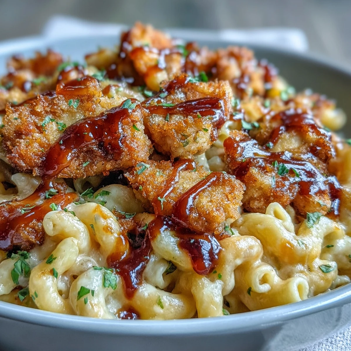 Tender honey BBQ chicken bites nestled in creamy cheddar macaroni inside a warm skillet.