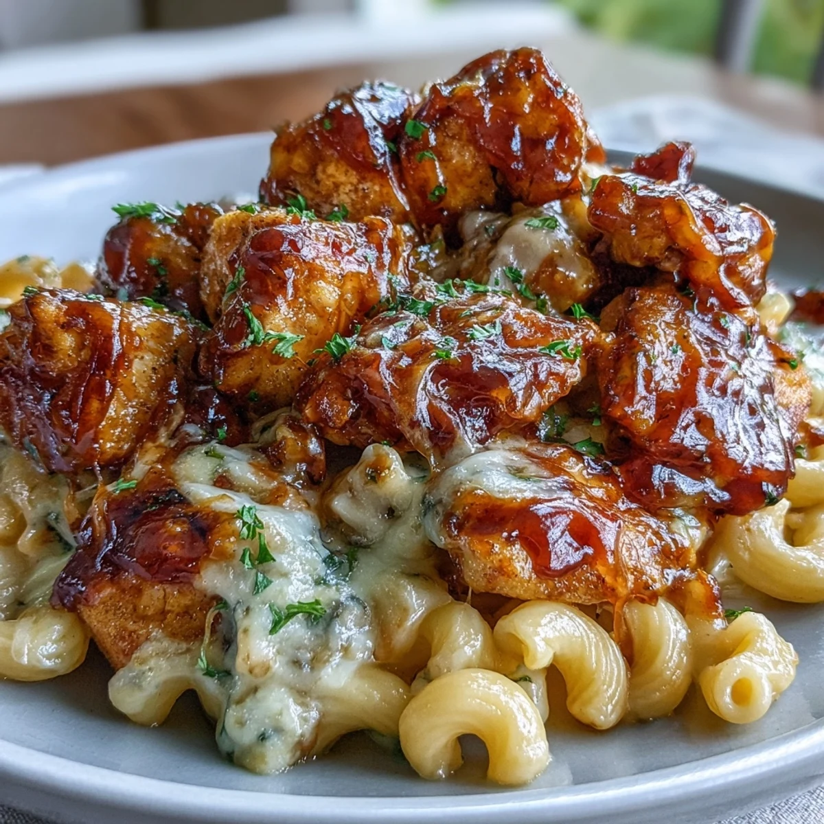 Golden sticky sauce glistens over elbow pasta with chicken pieces, topped with fresh green scallions.