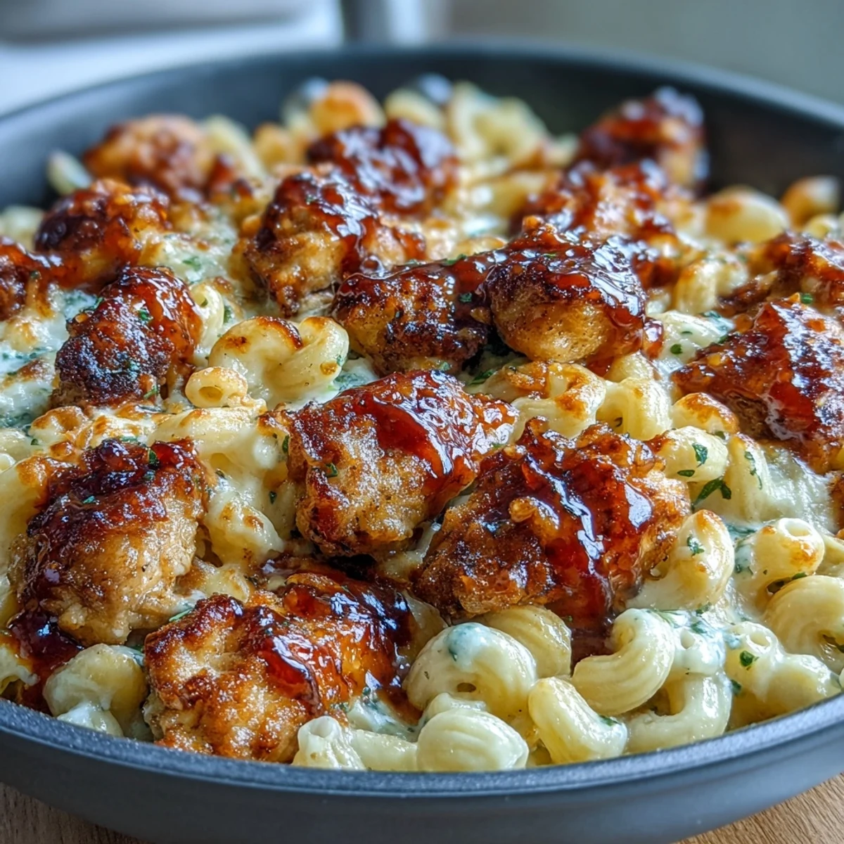 A single skillet holds cheesy honey BBQ chicken pasta, garnished with parsley and ready to serve.