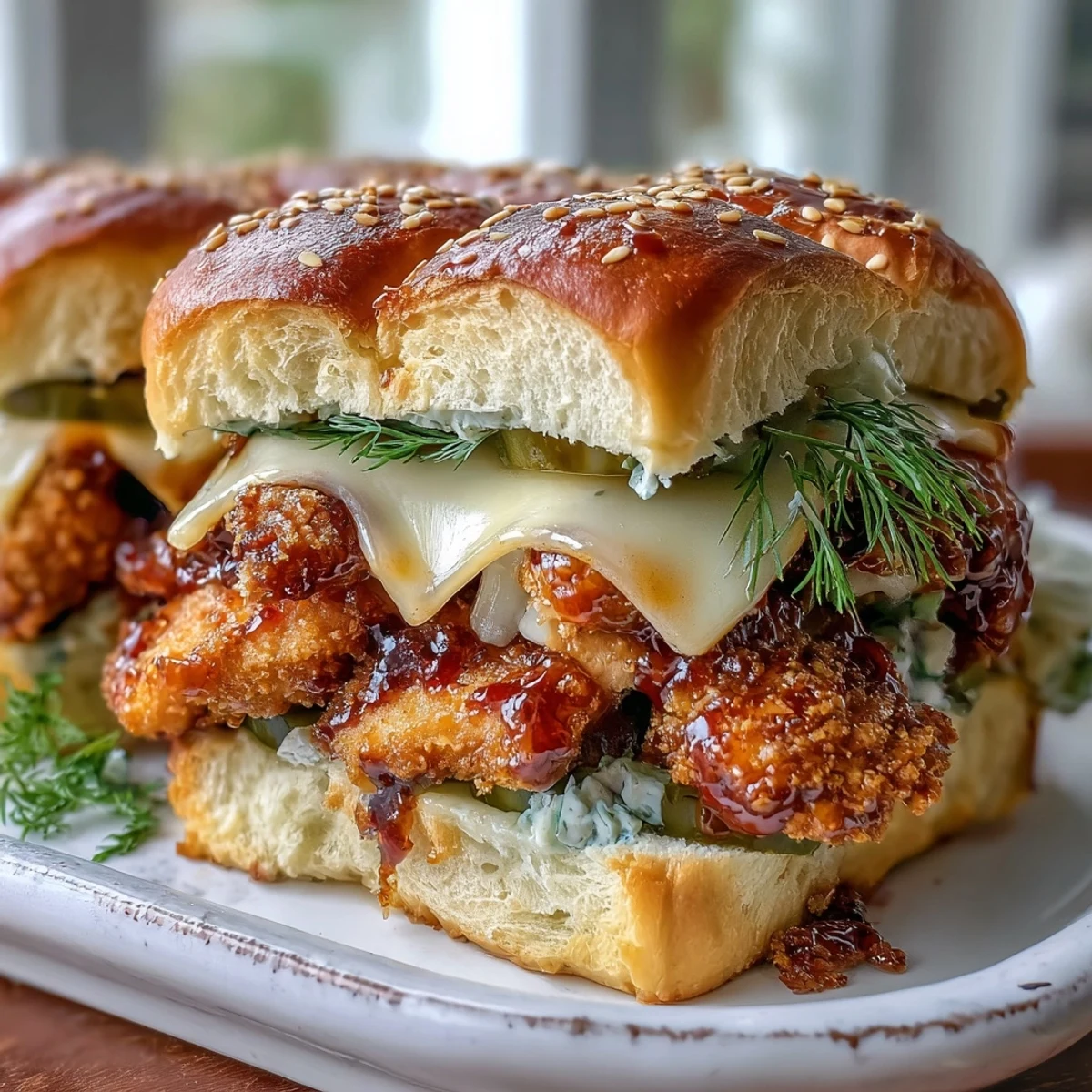 Golden-baked chicken tenders glazed in spicy honey butter are layered with pickles and cheddar cheese inside soft slider buns in this crowd-pleasing Spicy Honey Butter Chicken Sandwich Bake.