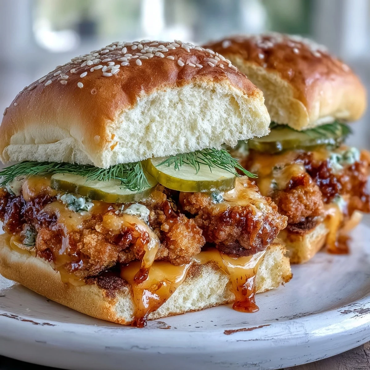 Savory chicken tenders, tangy dill pickles, and a drizzle of hot honey butter create the ultimate Spicy Honey Butter Chicken Sandwich Bake for a family dinner.