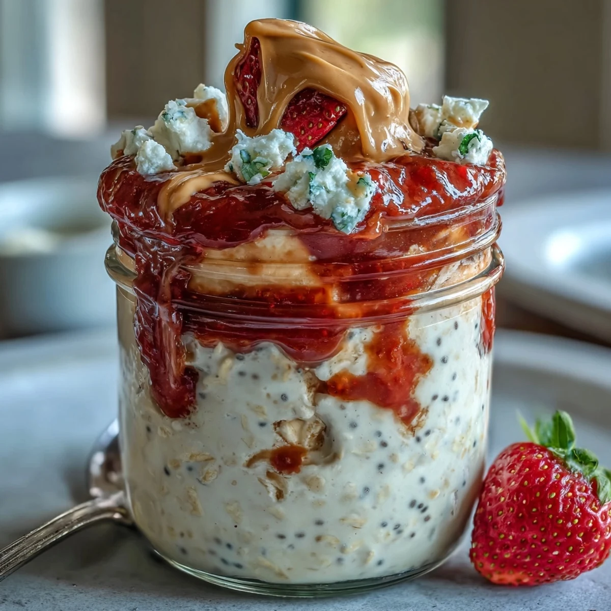 Overnight oats with peanut butter layers and a vibrant strawberry jam swirl in a clear jar. 