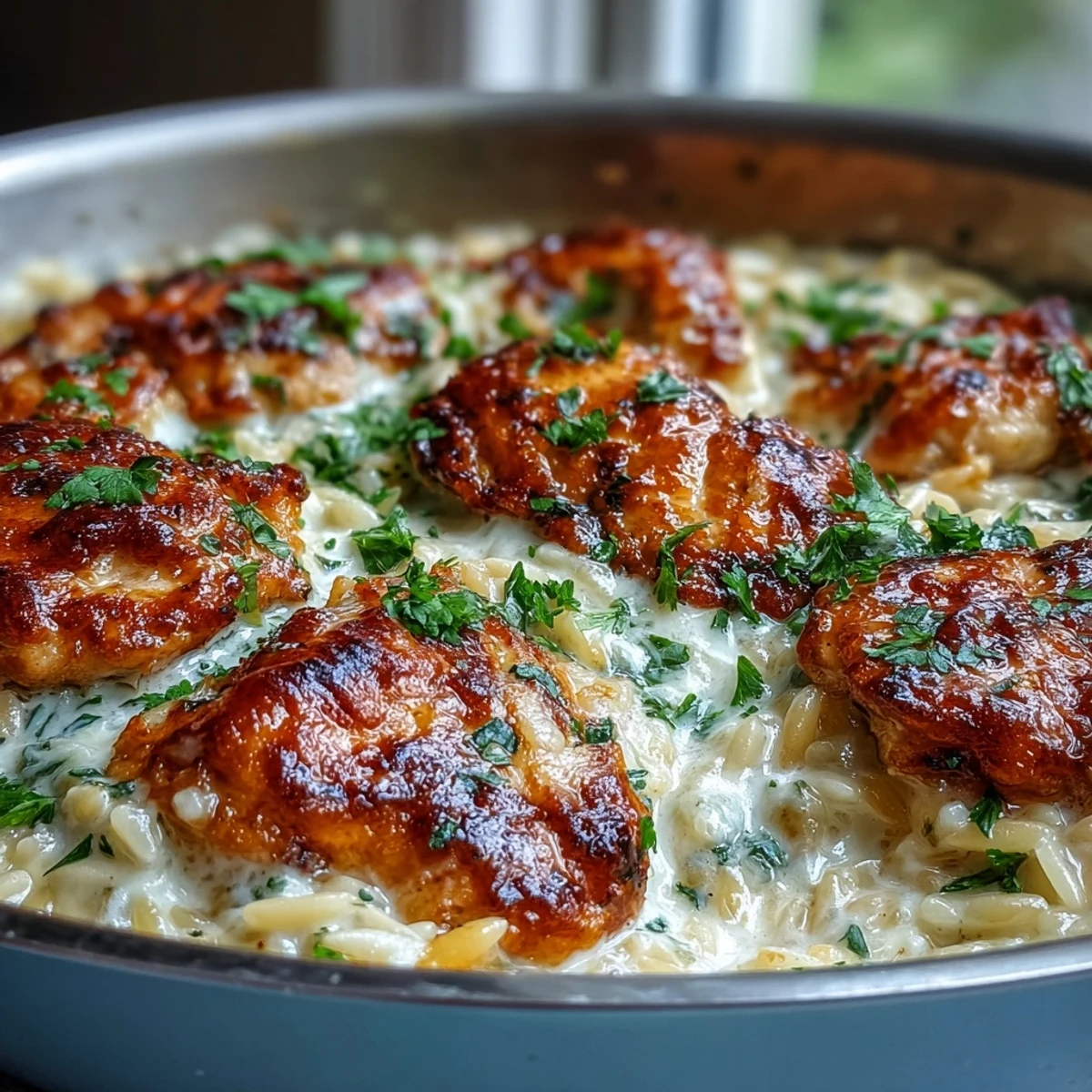 Golden seared chicken thighs and creamy orzo pasta swirl in a garlic-Parmesan sauce, garnished with fresh parsley.