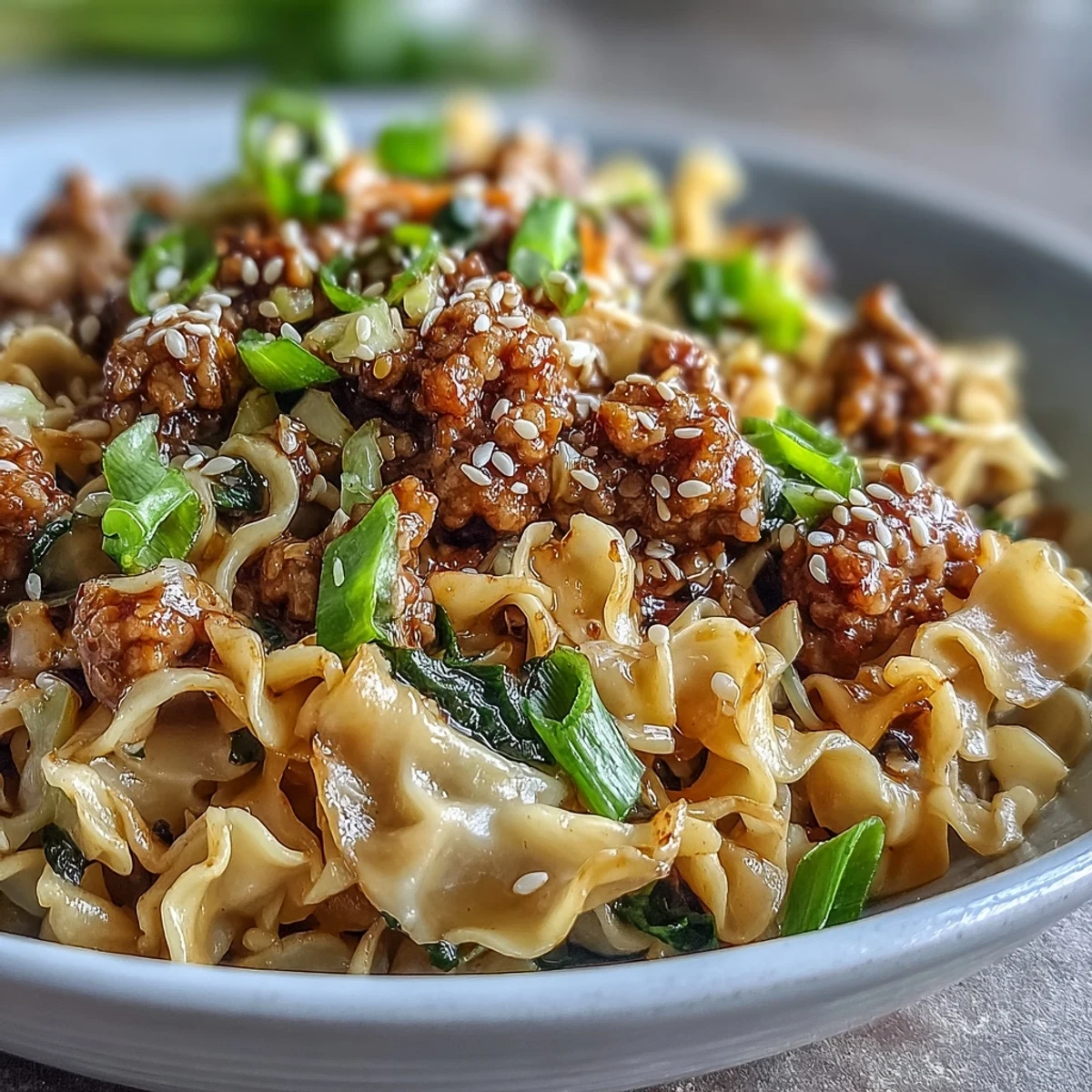 A steaming bowl of Creamy Potsticker Noodle Stir-Fry topped with sesame seeds and green onions, ready to serve with chopsticks for a quick weeknight meal.