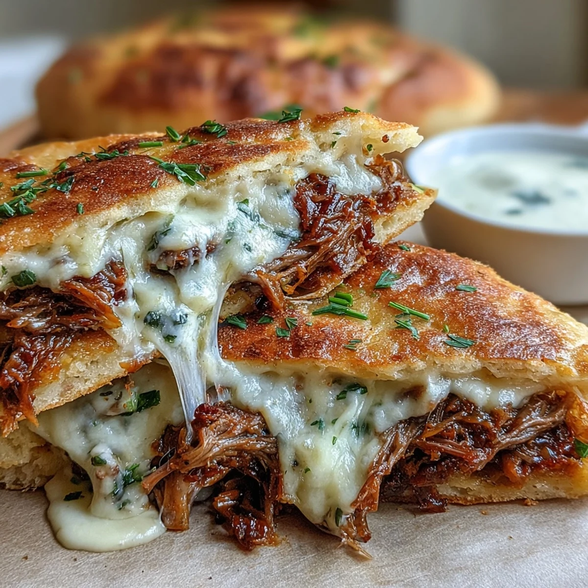 Slow cooker beef pot roast melts into warm, garlicky naan bread with gooey provolone and mozzarella. A comforting fusion dish served with rich au jus for dipping.