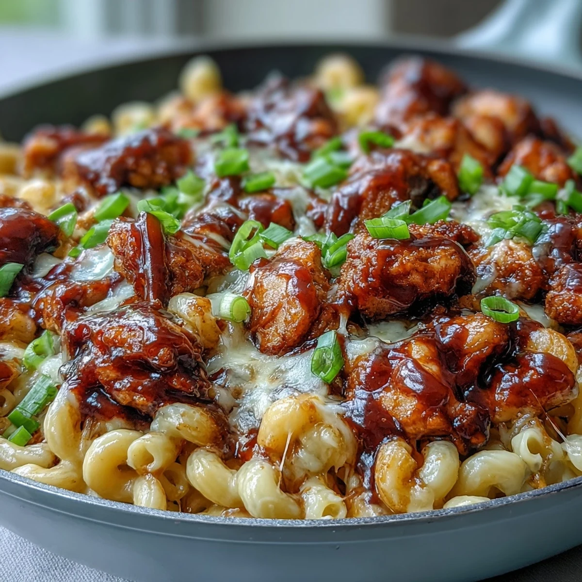 Juicy glazed chicken pieces nestled in creamy cheddar macaroni, a cozy one-pan Sticky Honey BBQ Chicken Pasta Skillet dinner.