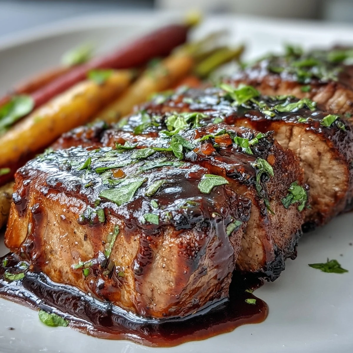 One-Pan Honey Balsamic Pork Tenderloin with Rainbow Carrots roasted to a glossy, caramelized finish on a sheet pan.