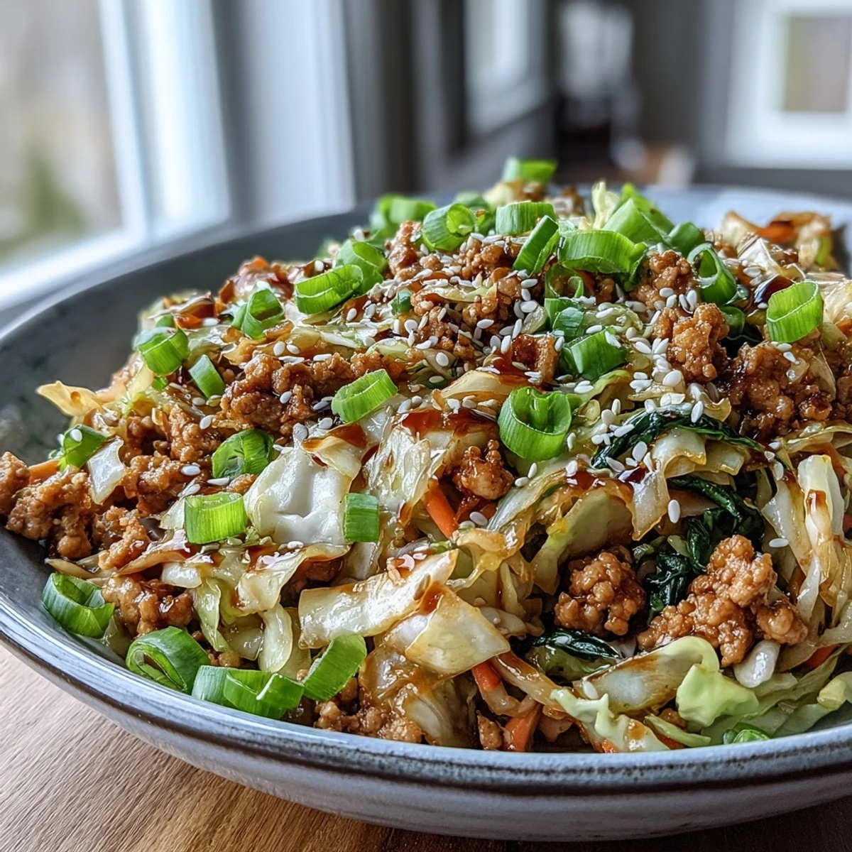 Steaming Keto Egg Roll in a Bowl with ground turkey, tossed with crisp coleslaw mix and bright green onions in a skillet.
