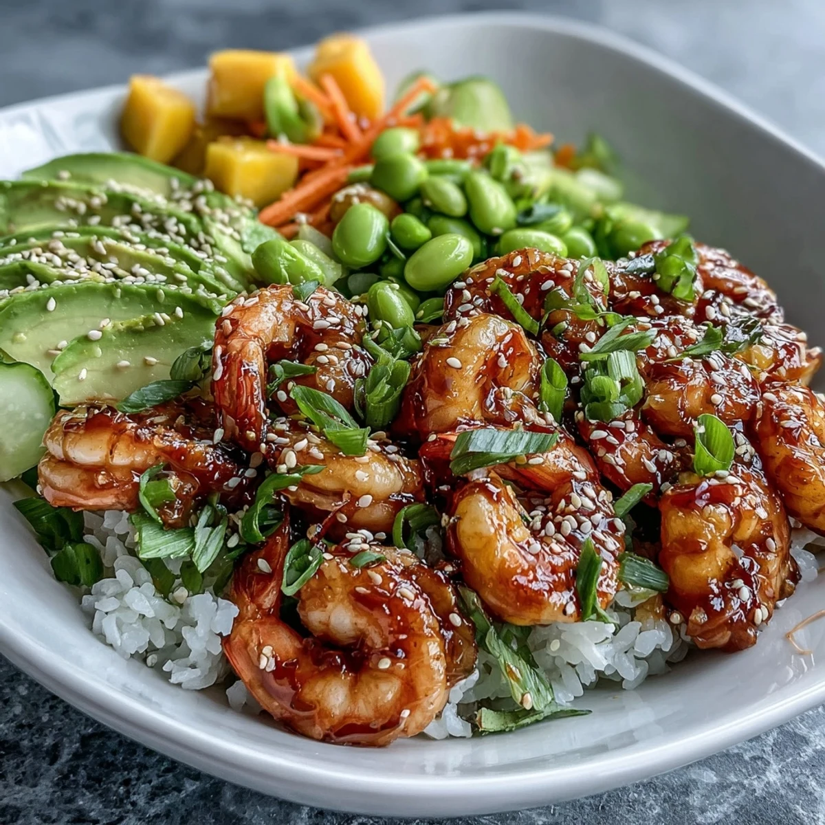 Freshly cooked shrimp, diced mango, and avocado slices arranged over brown rice in a colorful 20-Minute Shrimp Poke Bowl with Mango and Edamame, drizzled with sesame soy sauce.