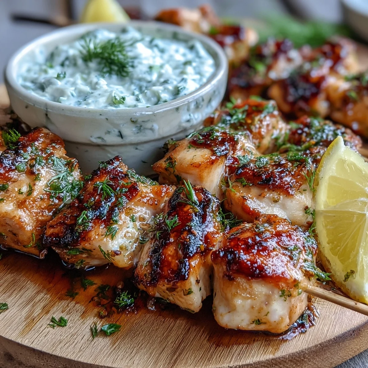 Grilled Light Lemon Herb Chicken Skewers with Tzatziki resting on a platter, marked with perfect char lines and garnished with fresh dill.