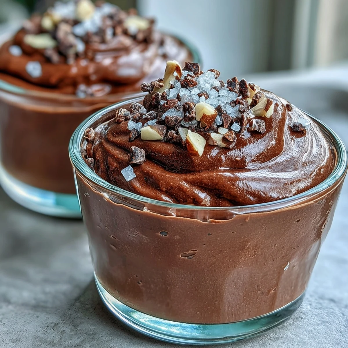 Creamy Vegan Chocolate Avocado Mousse Cups topped with cacao nibs and flaky sea salt in small glass cups.