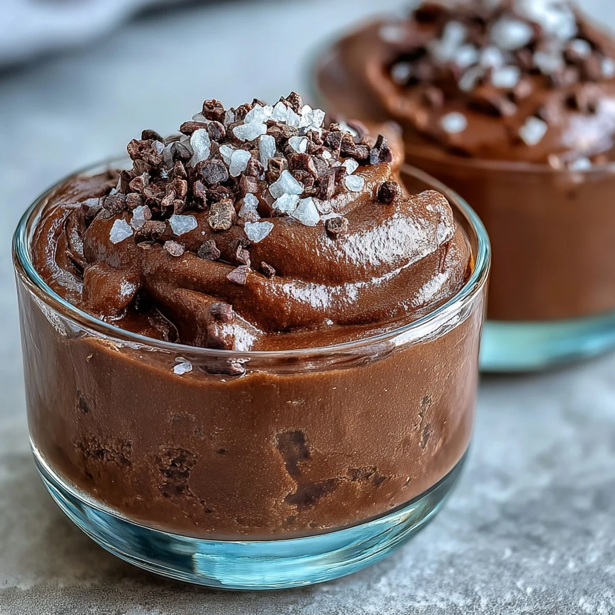 Close-up of Vegan Chocolate Avocado Mousse Cups with rich chocolate texture, maple syrup drizzle, and sea salt crystals.
