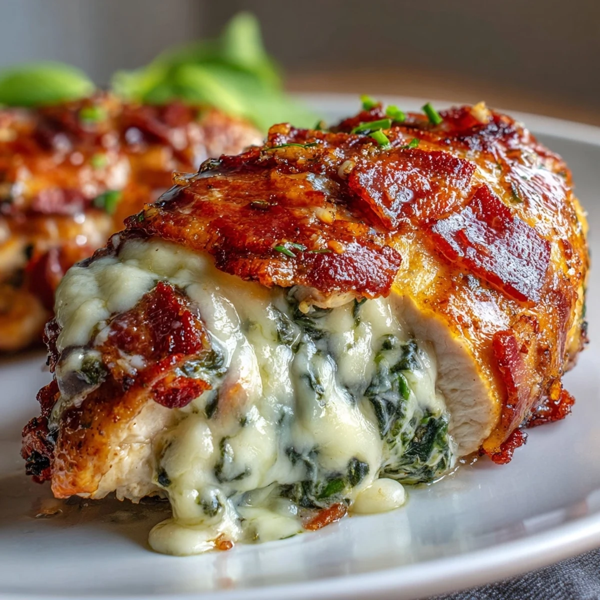 Golden-brown Keto Spinach and Bacon Stuffed Chicken Breasts rest in a white baking dish, drizzled with garlic butter.