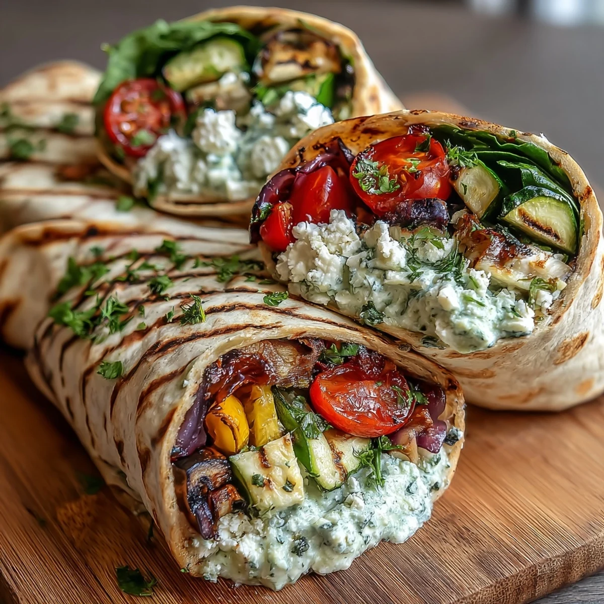Colorful grilled veggie Mediterranean Grilled Vegetable Wraps layered with hummus, tangy feta, and tomatoes, served on a plate.
