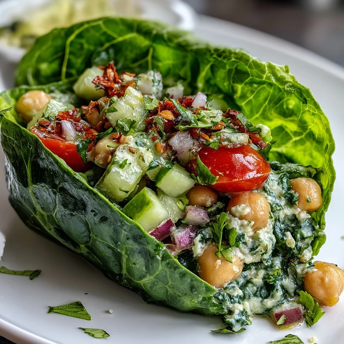 Creamy avocado and protein-rich chickpeas tossed with crisp vegetables and zesty lemon dressing, wrapped in fresh lettuce leaves.  