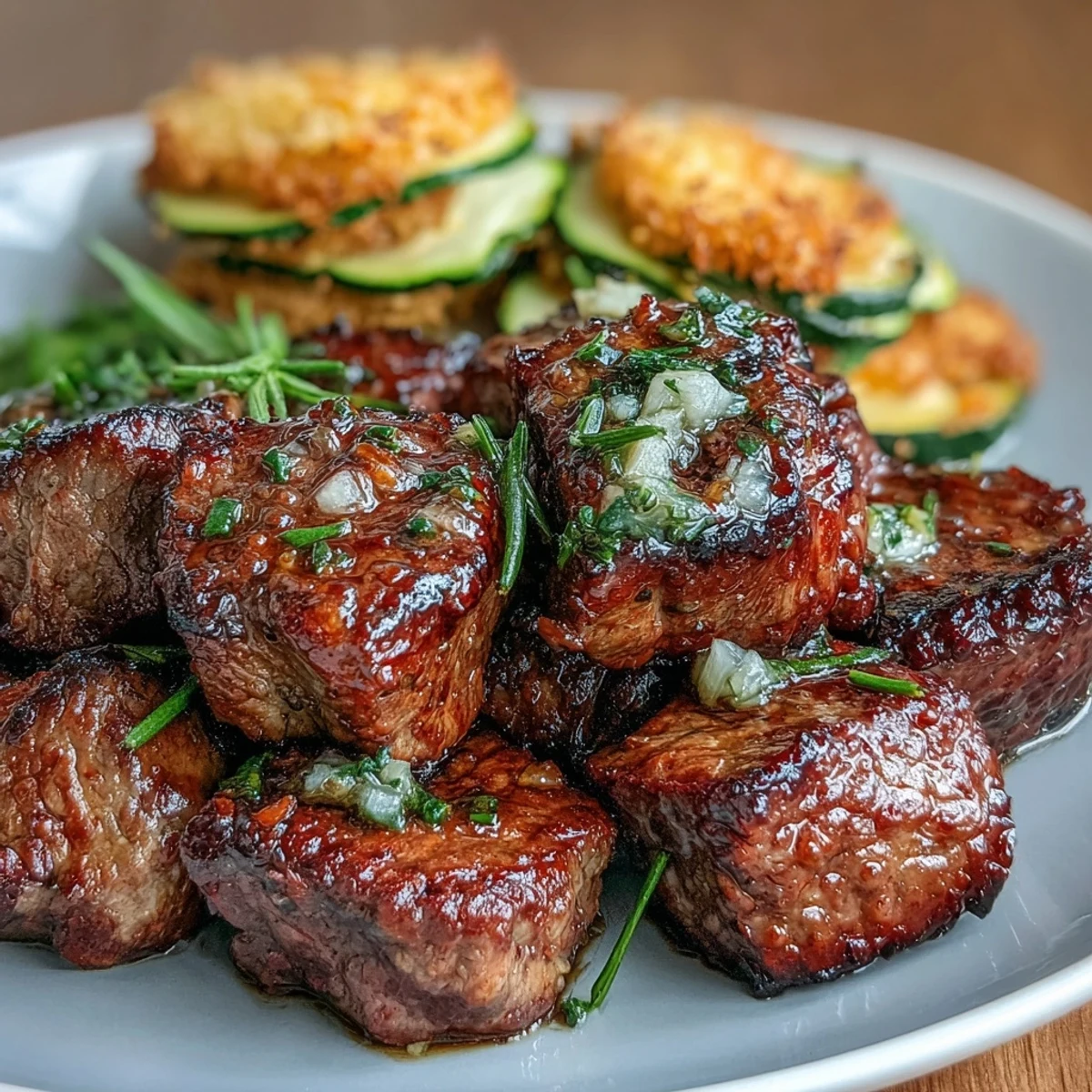 Juicy keto steak bites sizzling in garlic butter, paired with golden baked avocado fries and fresh zucchini ribbons for a low-carb dinner.  