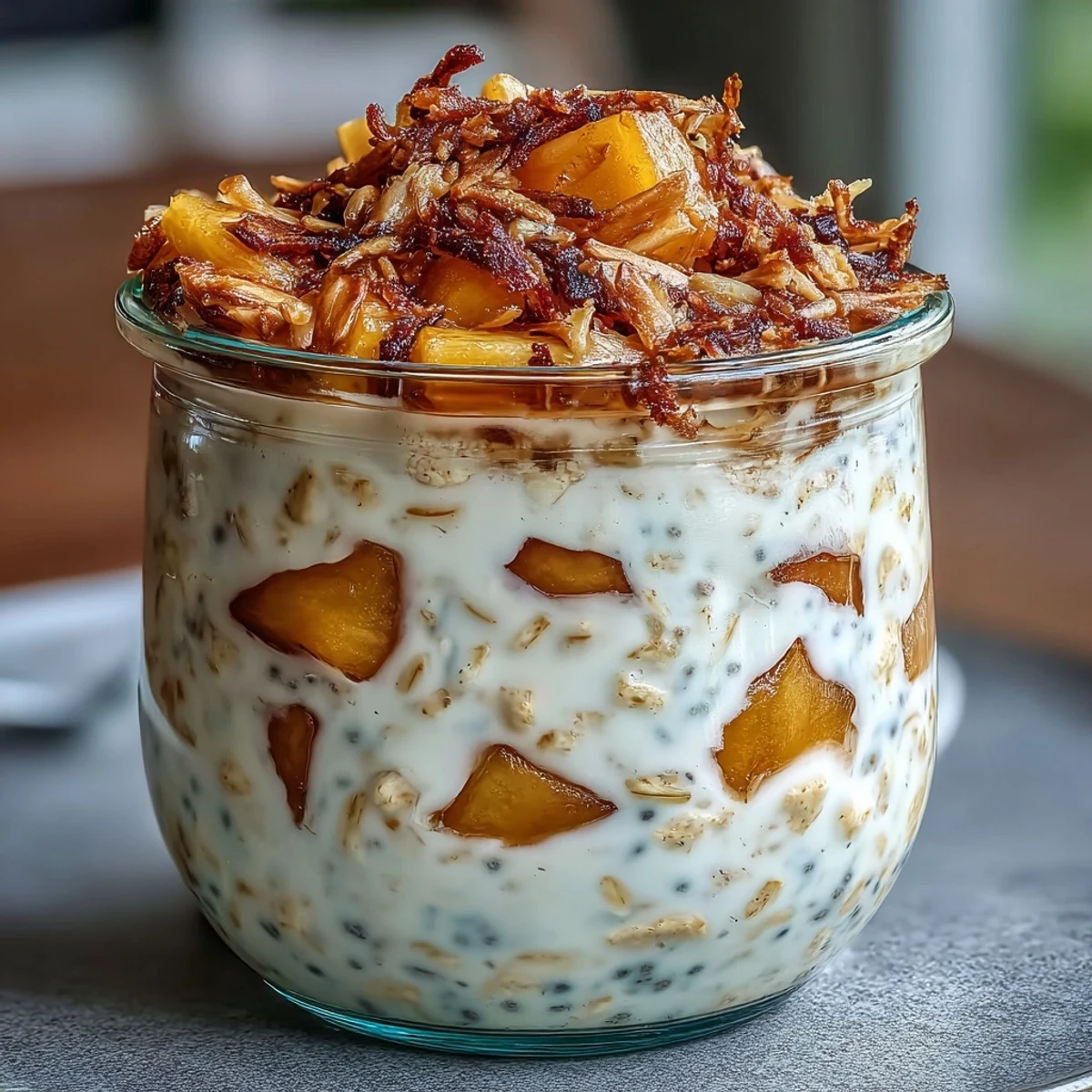 Tropical vegan breakfast featuring juicy mango chunks, chia seeds, and golden toasted coconut on top.  