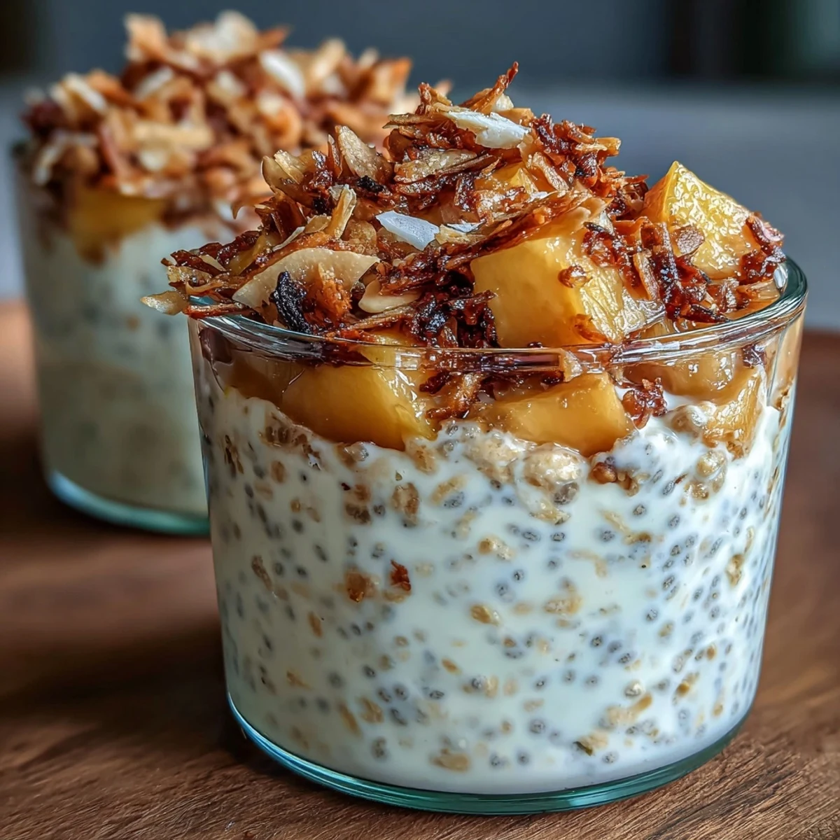 Vibrant mango chia overnight oats with creamy coconut milk and toasted coconut crunch in a glass jar.  