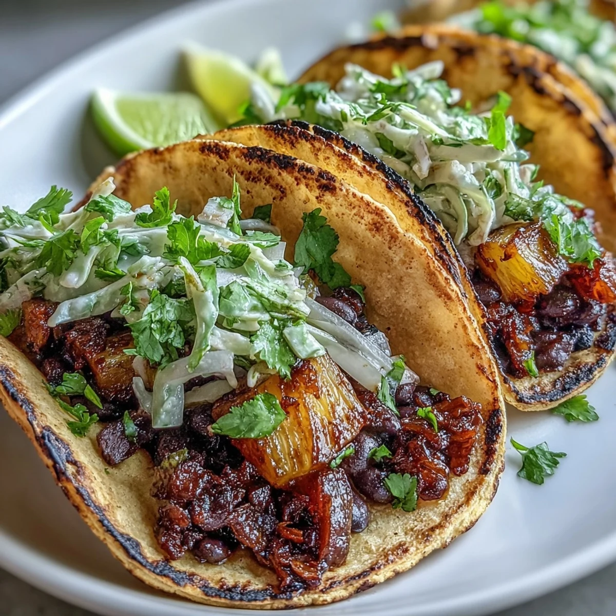 Tropic-Like-Its-Hot Pineapple Black Bean Tacos with Coconut Lime Slaw in a colorful, tropical-inspired taco spread.