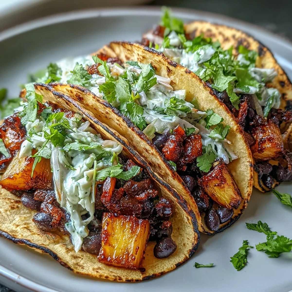 Vibrant vegan tacos filled with juicy pineapple, black beans, and a creamy coconut lime slaw, served on warm corn tortillas.